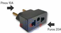 Adaptador Pino For�a Padr�o NBR Entra 2 Pinos Redondo 20A+ Saida 2 Pinos Redondo + 1 terra 10 Amperes Preto/Branco