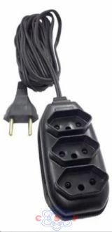 Extens�o Mega Plus 3 Tomadas com 2+1 pino Terra 2 Metros Cord�o Paralelo Preto 2 x 0,75 10A 2 Pinos Entrada
